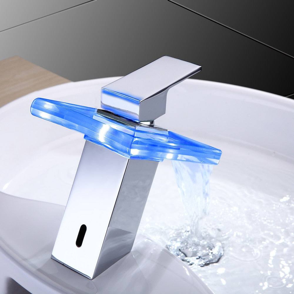 LED Waterfall Chrome Bathroom Faucet, Single-Hole Single-Handle Brass Faucet