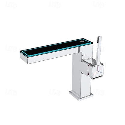 LED Temperature Display Waterfall Bathroom Faucet, Single-Hole Single-Handle Brass Faucet, Silver / Gold / Gray / White / Black / Multi