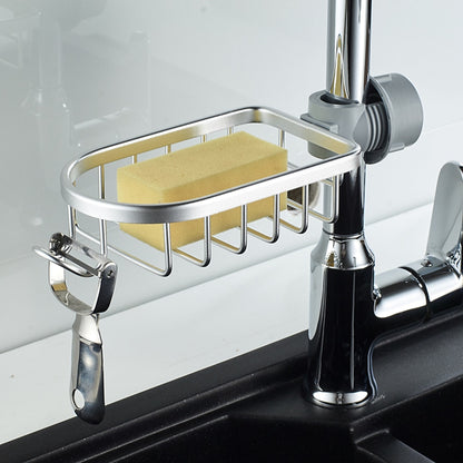 Modern Aluminum Faucet Storage Rack, Clamp-On Sink Caddy Organizer with Integrated Hooks, Black / Silver