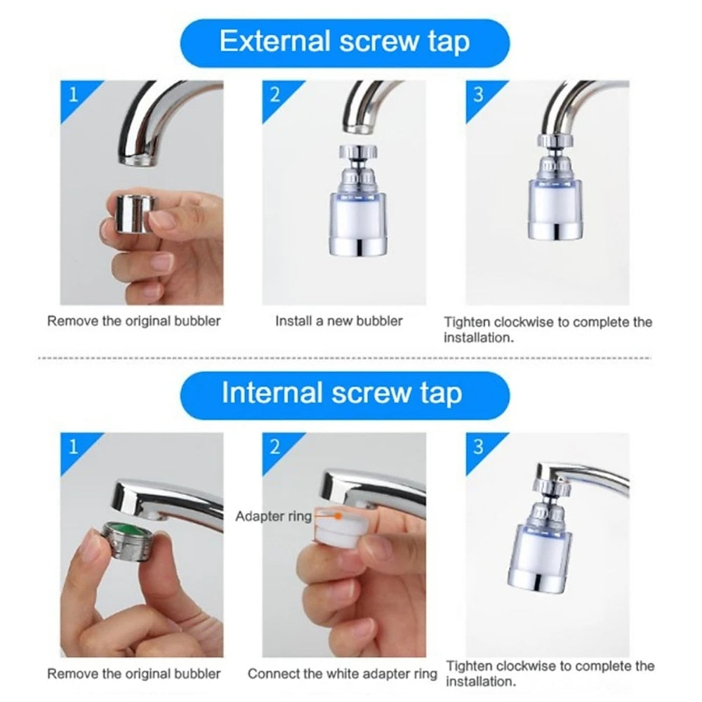 360-Degree Swivel Faucet Water Filter, Chrome ABS Faucet Purifier with PP Cotton Replacement Cartridges