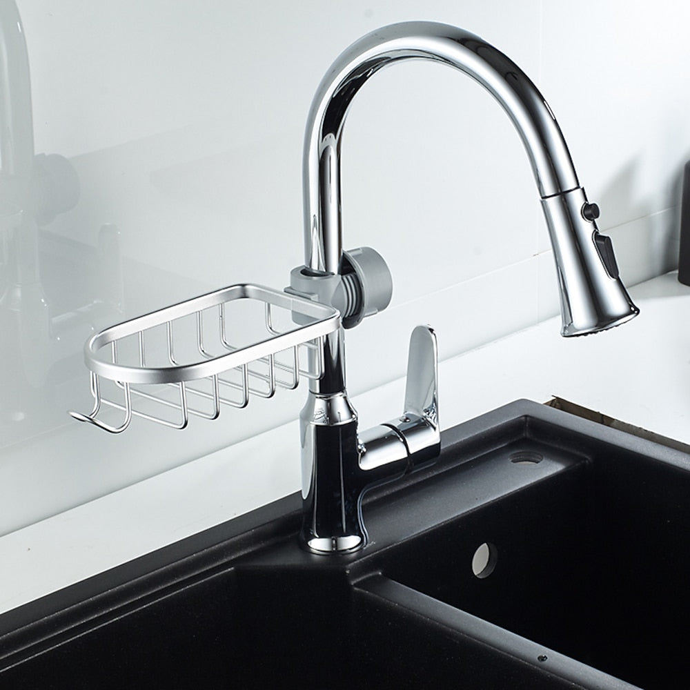 Modern Aluminum Faucet Storage Rack, Clamp-On Sink Caddy Organizer with Integrated Hooks, Black / Silver
