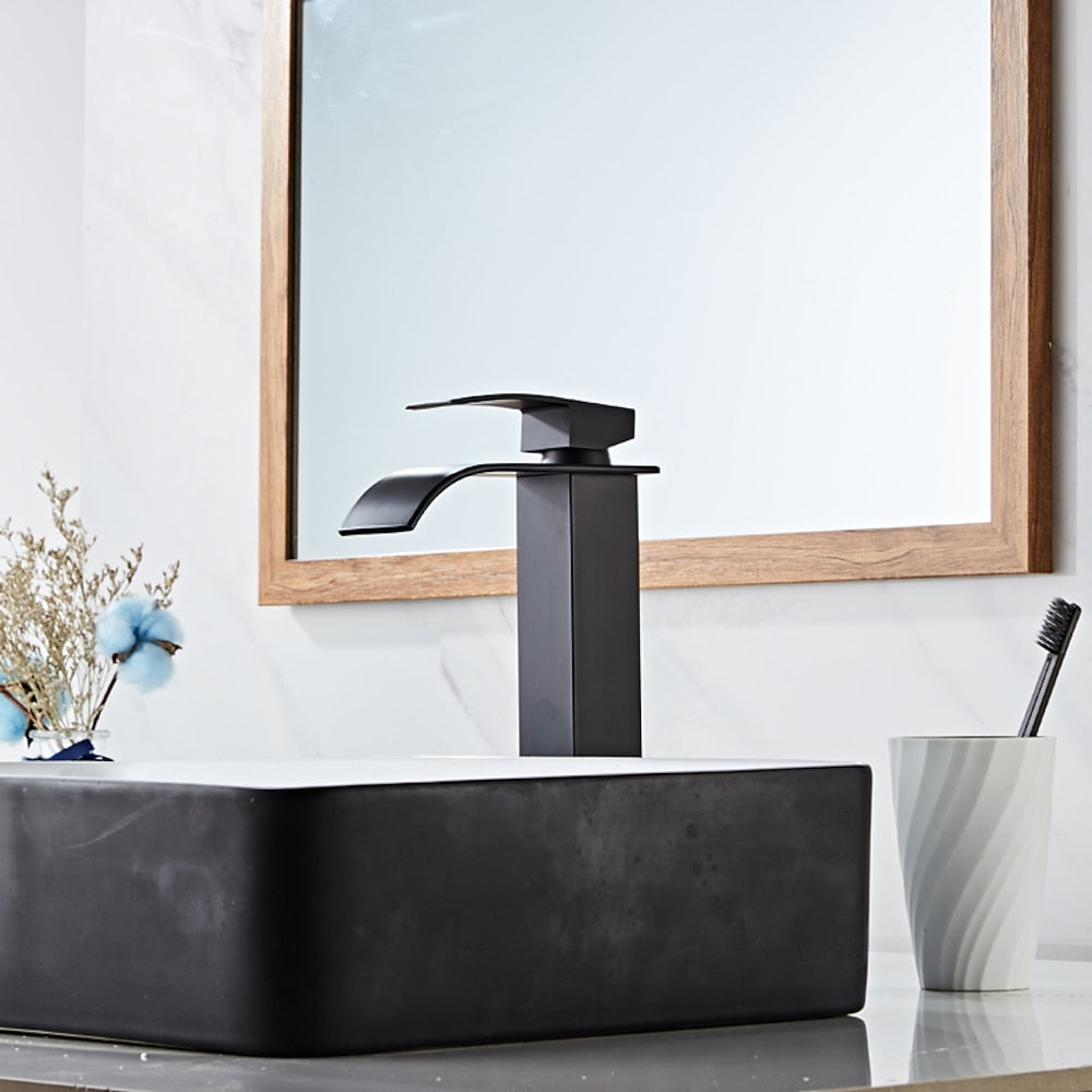 Waterfall Single-Hole Bathroom Faucet, Modern Single-Handle Vessel Sink Faucet, Matte Black / Polished Gold