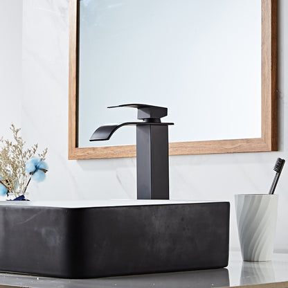 Waterfall Single-Hole Bathroom Faucet, Modern Single-Handle Vessel Sink Faucet, Matte Black / Polished Gold