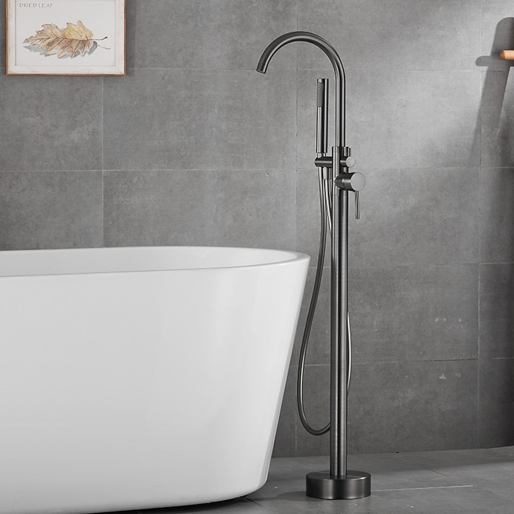 Gunmetal Floor-Mount Freestanding Tub Filler Faucet, Single-Handle Swivel Spout Bathtub Faucet with Handheld Shower