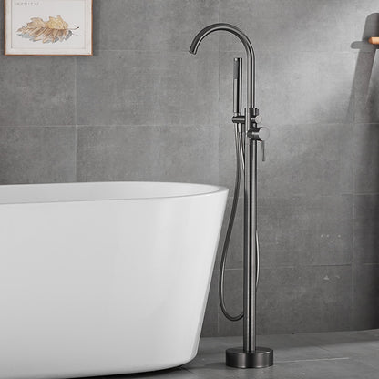 Gunmetal Floor-Mount Freestanding Tub Filler Faucet, Single-Handle Swivel Spout Bathtub Faucet with Handheld Shower