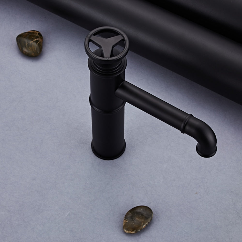 Matte Black Industrial Single-Hole Vessel Sink Faucet, Single Wheel Handle Brass Bathroom Faucet