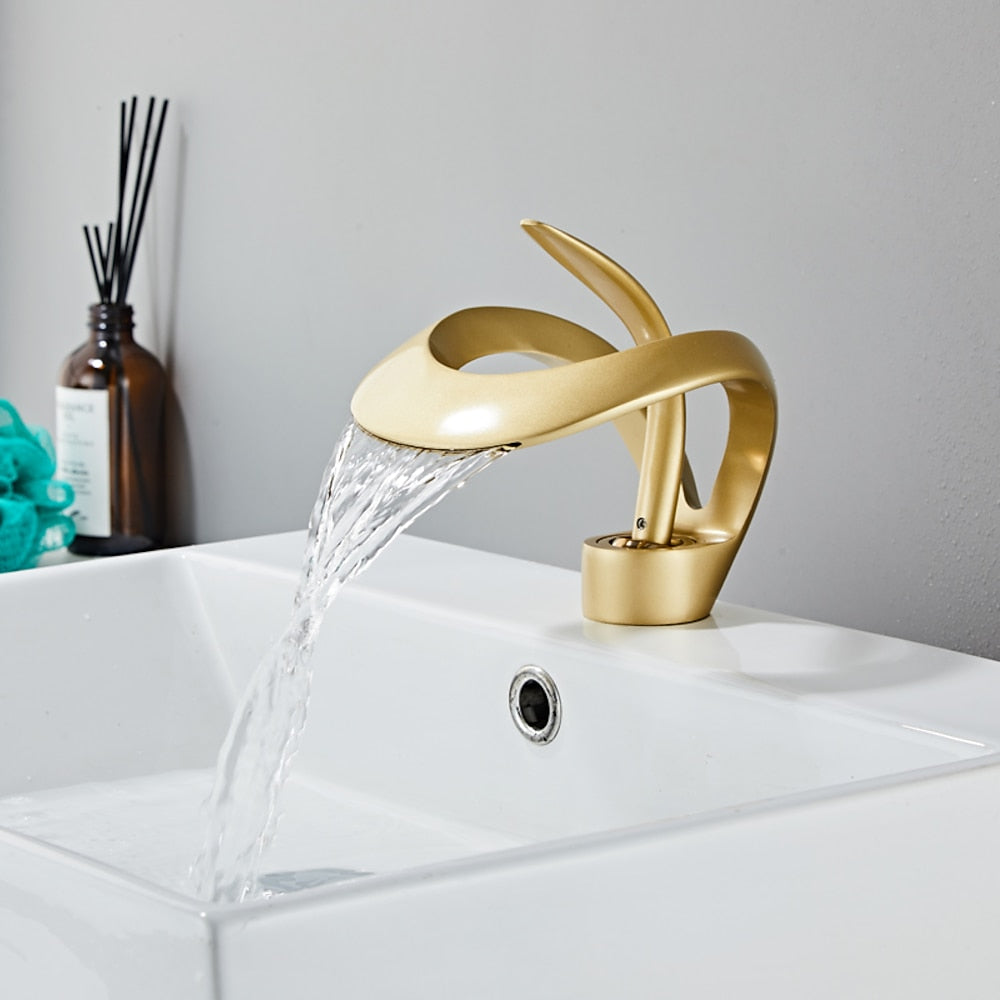 Waterfall Single-Hole Bathroom Faucet, Single-Handle Brass Vessel Sink Faucet, Matte Black / Chrome / Brushed Gold / Matte White / Gunmetal