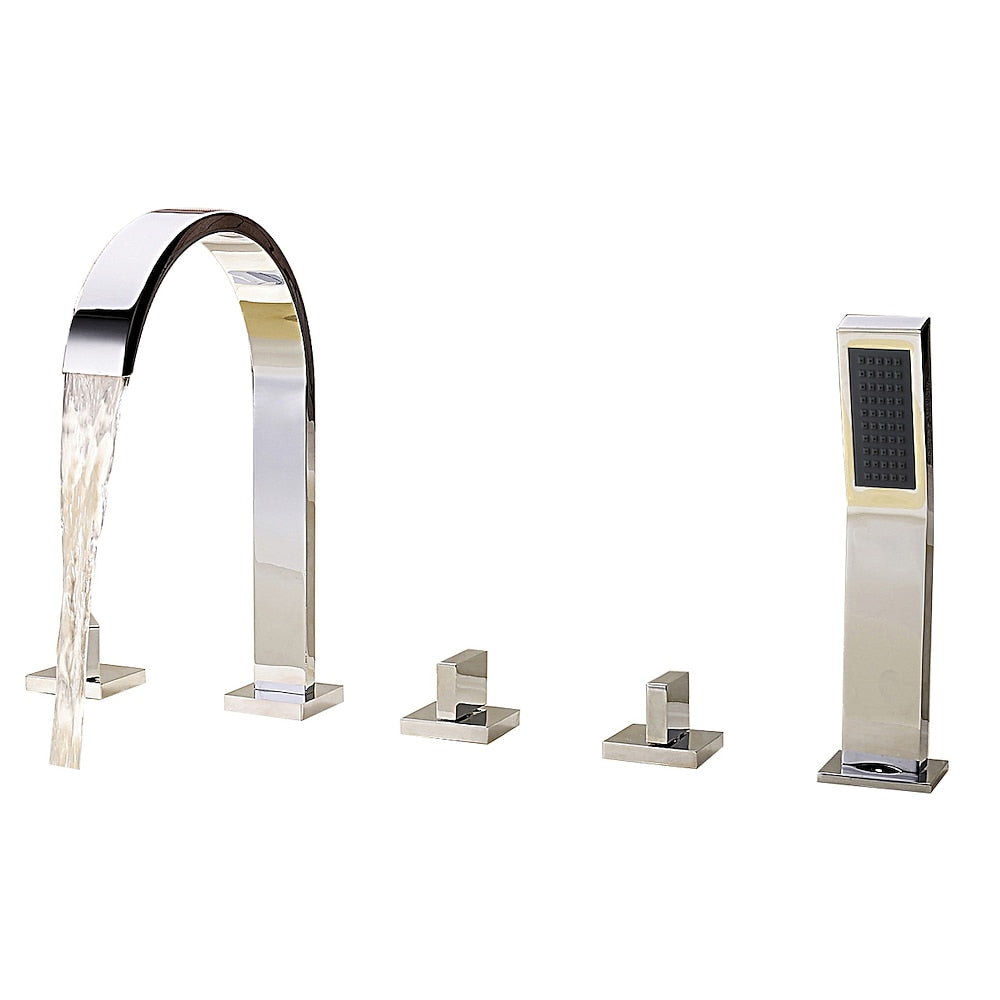 Chrome Waterfall Roman Tub Faucet, 3-Handle Deck-Mount Faucet with Handheld Shower
