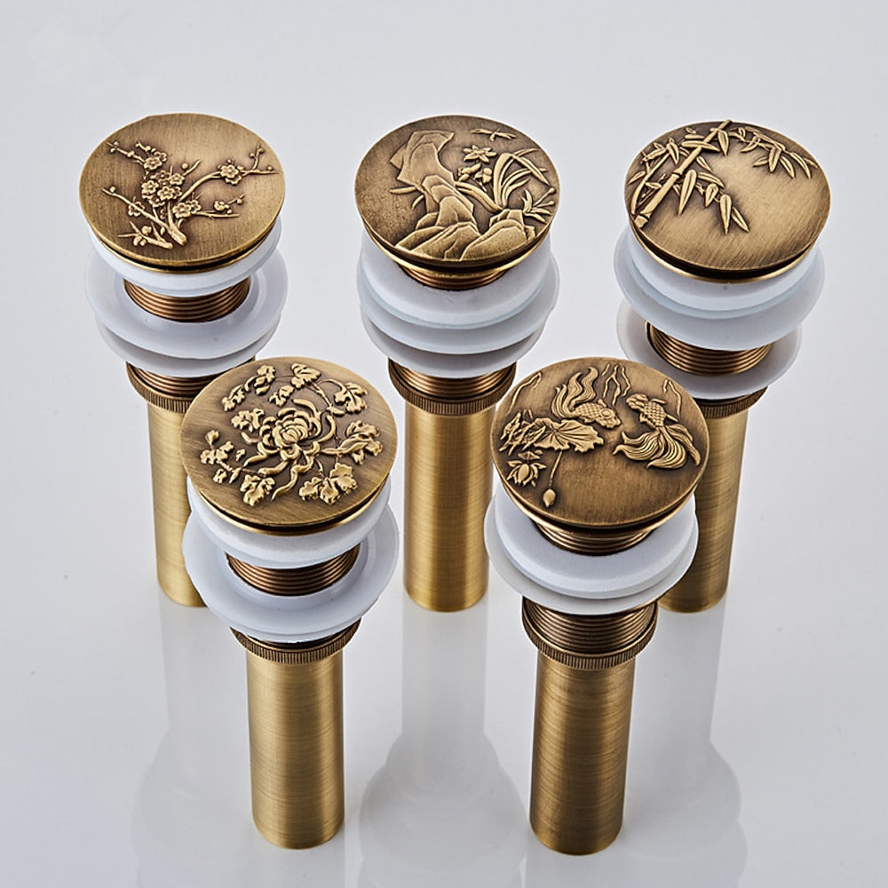 Antique Brass Engraved Bathroom Sink Pop-Up Drain, Solid Brass Vanity Basin Drain Assembly, With / Without Overflow