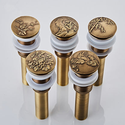 Antique Brass Engraved Bathroom Sink Pop-Up Drain, Solid Brass Vanity Basin Drain Assembly, With / Without Overflow