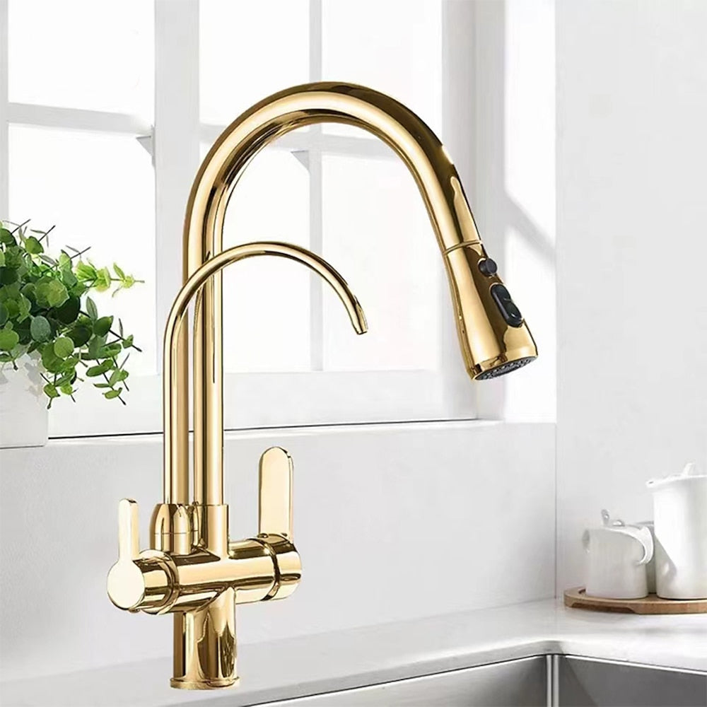 Modern 3-Way Pull-Down Kitchen Faucet, Dual-Handle Swivel Gooseneck Faucet, Gunmetal / Matte Black / Chrome / Matte White / Two-Tone / Antique Brass / Brushed Gold / Brushed Nickel