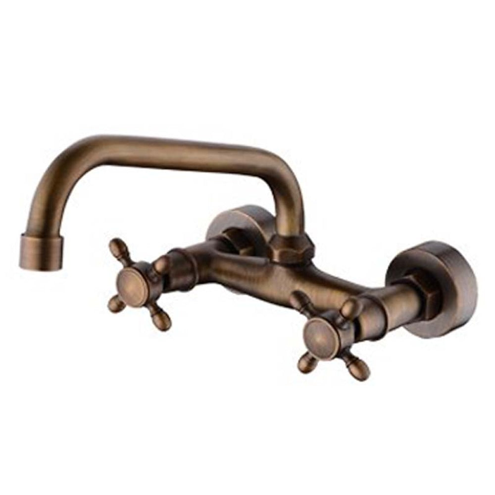 Retro Wall-Mount Antique Brass Bathroom Faucet, Double Cross Handle Swivel Spout Brass Utility Faucet