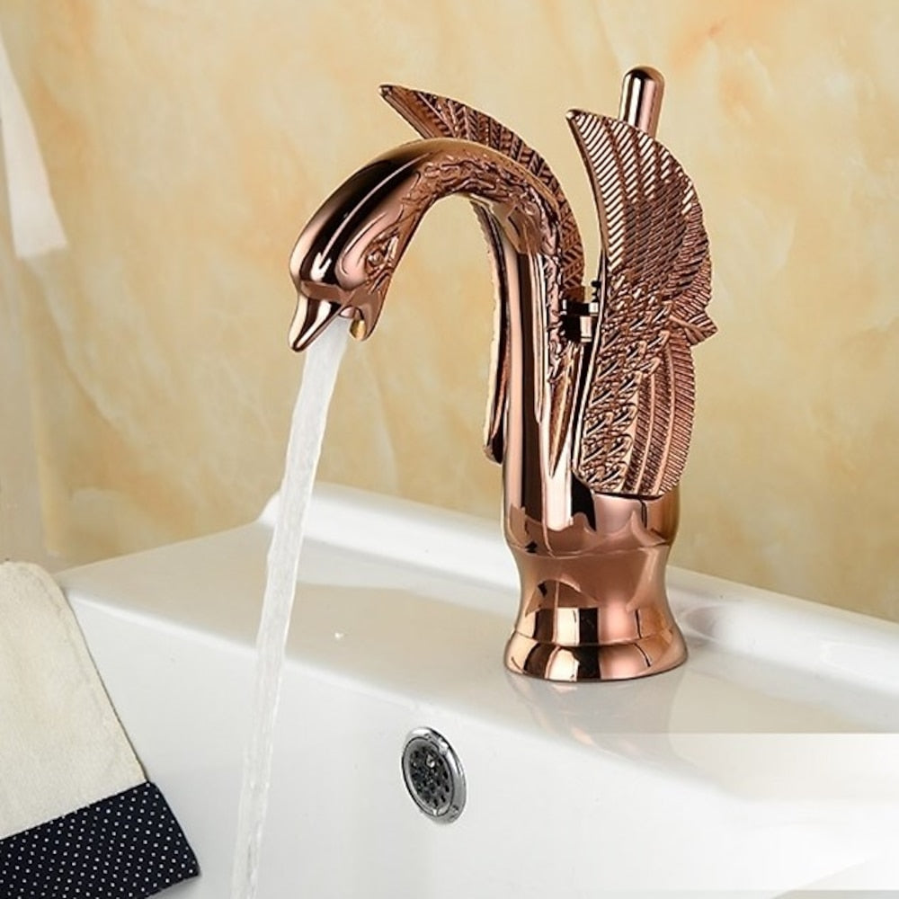 Swan Design Single-Hole Bathroom Faucet, Single-Handle Deck-Mount Brass Faucet