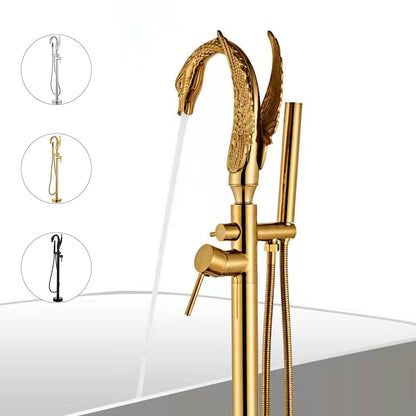 Swan-Design Freestanding Tub Filler Faucet, Single-Handle Bathroom Bathtub Faucet with Handheld Shower, Chrome / Polished Gold / Matte Black