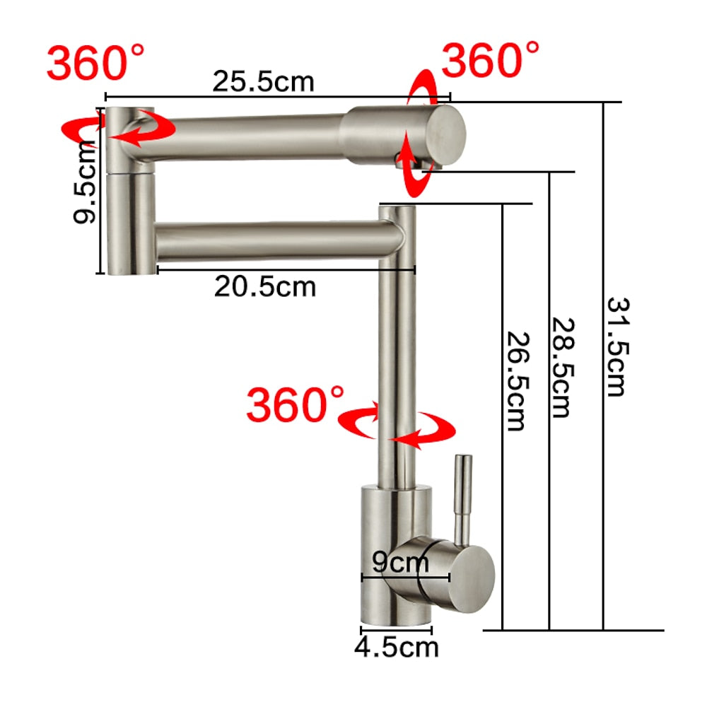 Brushed Nickel Double-Jointed Folding Kitchen Faucet, Single-Handle Deck-Mount Pot Filler Faucet