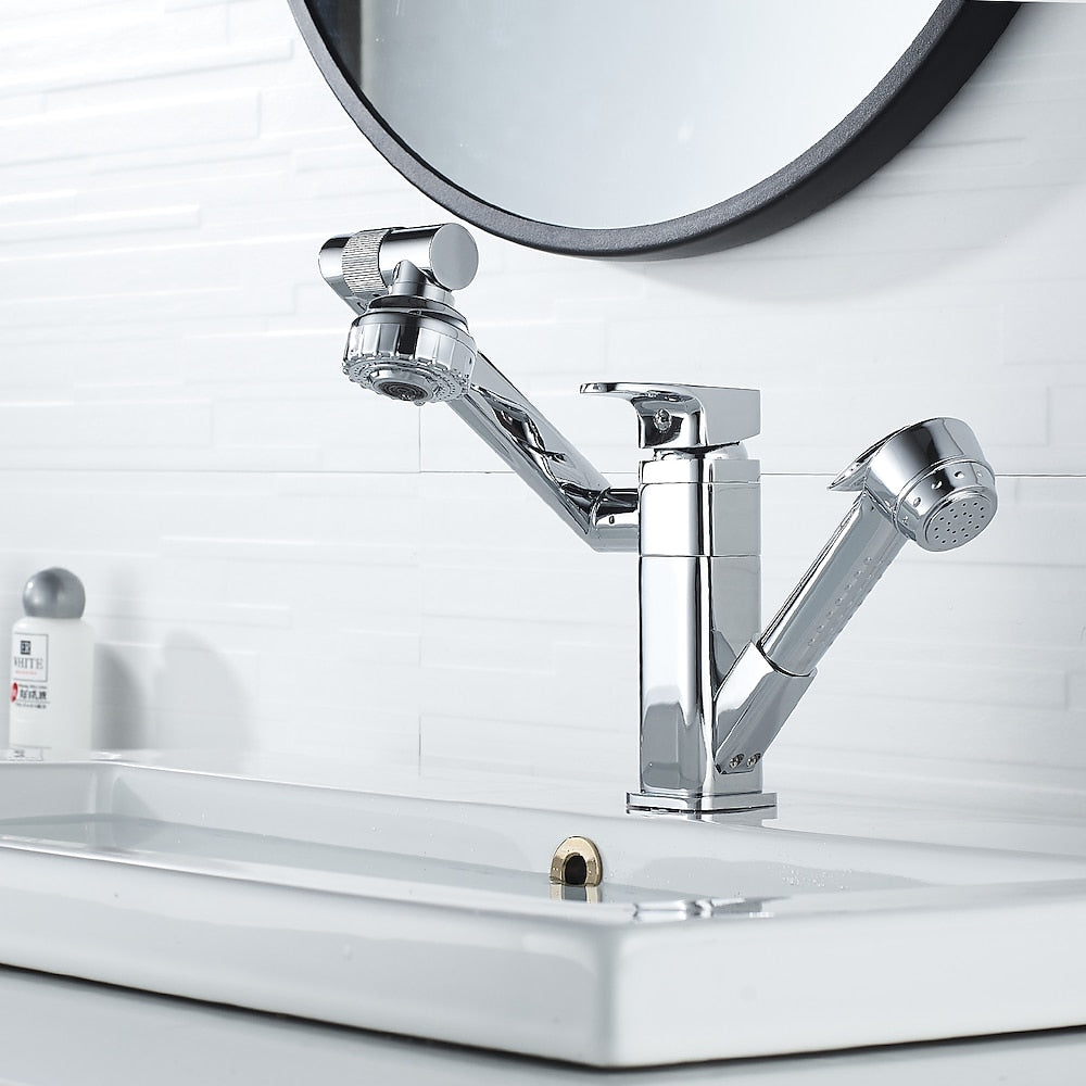 Chrome Single-Hole Bathroom Sink Faucet, Pull-Out Swivel Spout Faucet