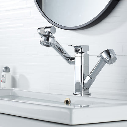 Chrome Single-Hole Bathroom Sink Faucet, Pull-Out Swivel Spout Faucet