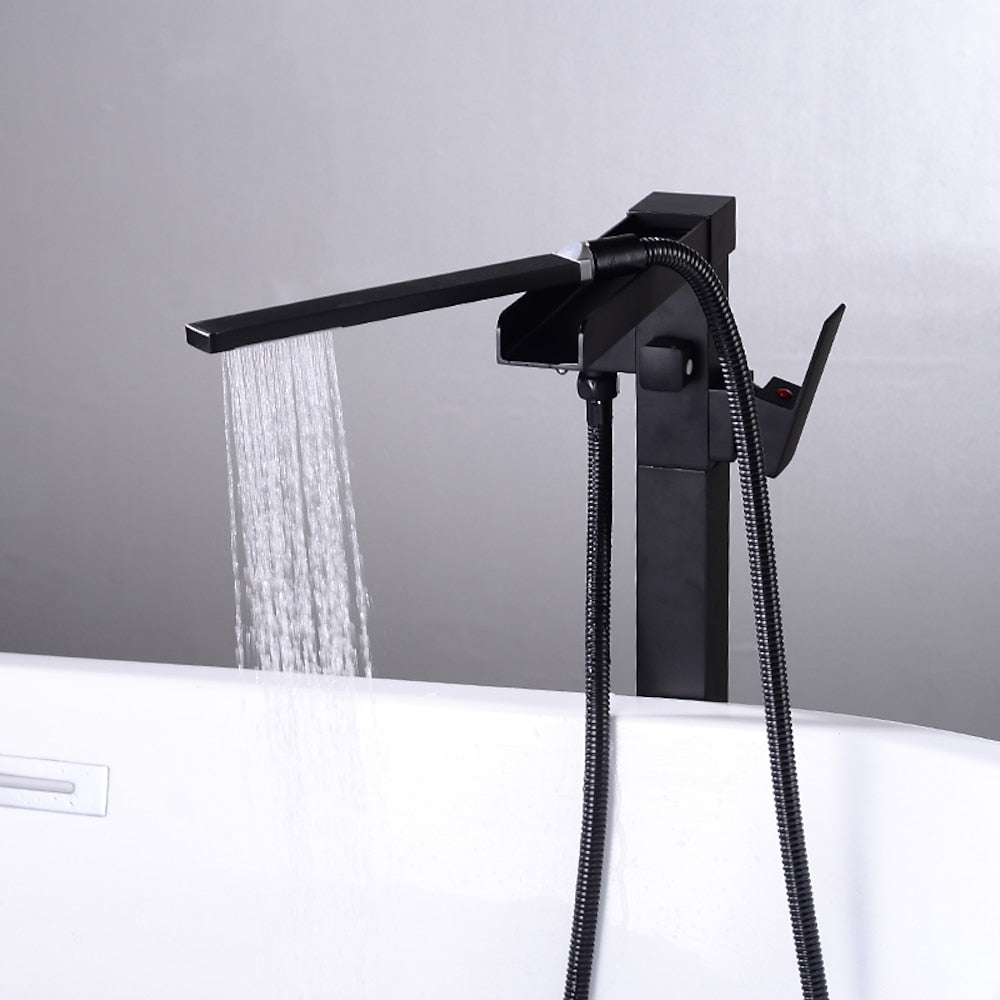 Modern Waterfall Freestanding Tub Filler, Single-Handle Tub Faucet with Handheld Shower