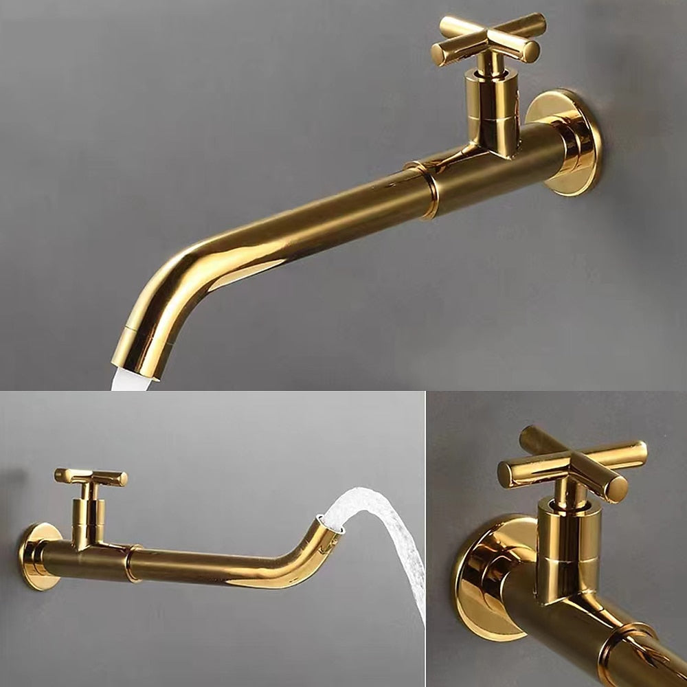 Wall-Mount Single-Hole Bathroom Faucet, Single Cross Handle Cold Water Faucet, Chrome / Matte Black / Polished Gold / Antique Brass / Matte White