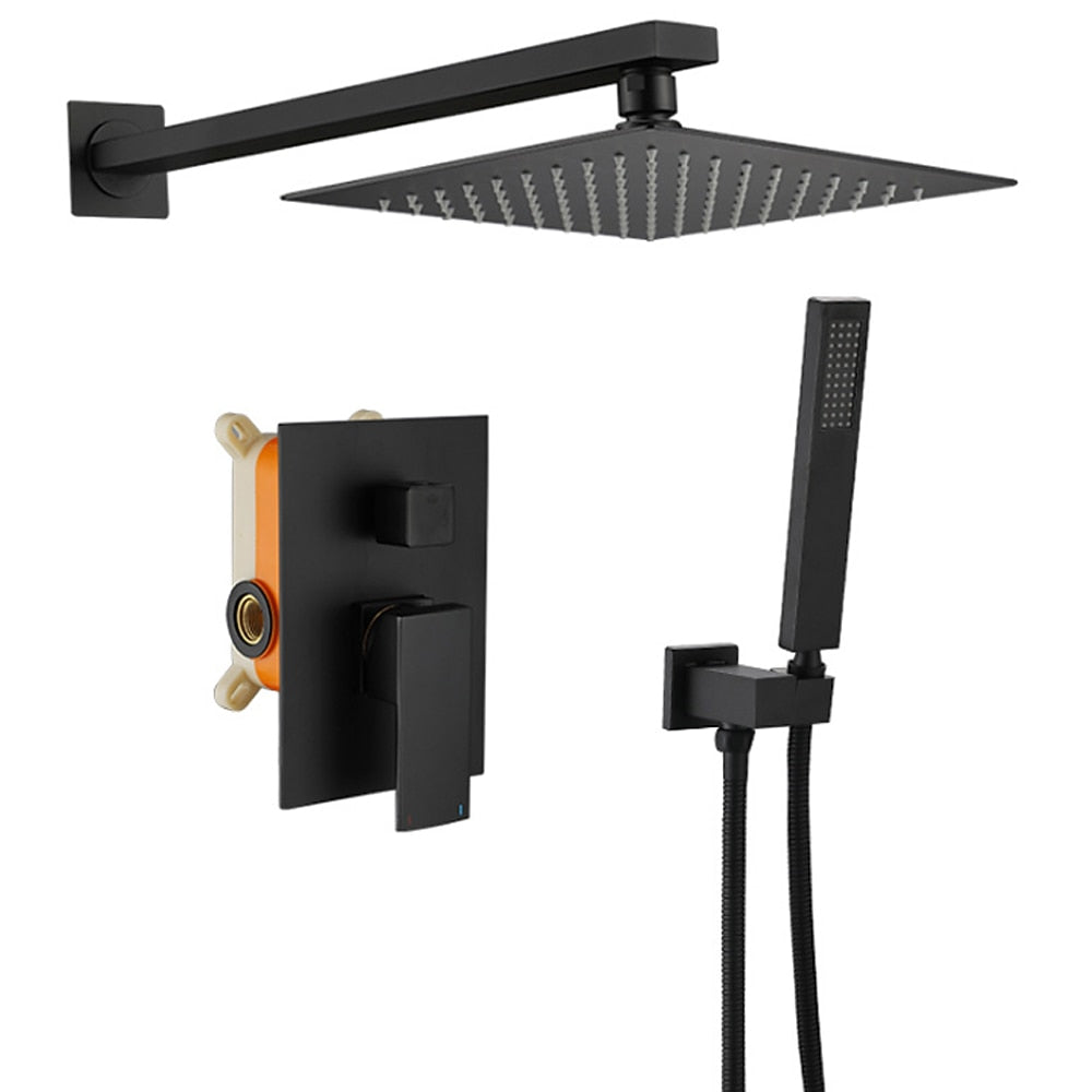 Matte Black Wall-Mounted Rainfall Shower System, Concealed Shower Faucet Set with Handheld Shower