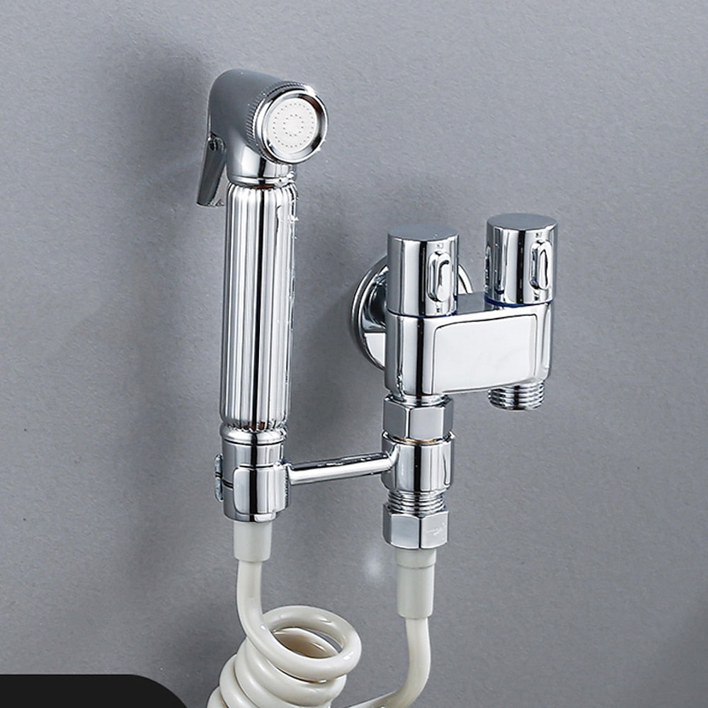 Dual-Handle Wall-Mount Bidet Sprayer, Solid Brass Shattaf Sprayer, Gray / Black / Silver
