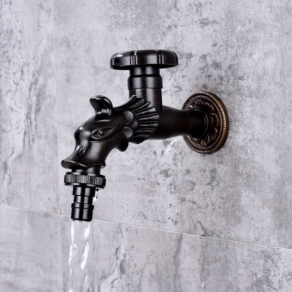 Retro Dragon Design Wall-Mount Outdoor Faucet, Single-Handle Brass Faucet, Antique Brass / Matte Black / Brushed Gold