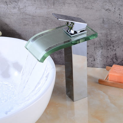 Chrome Modern Single-Hole Vessel Sink Faucet, Single-Handle Glass Waterfall Spout Faucet