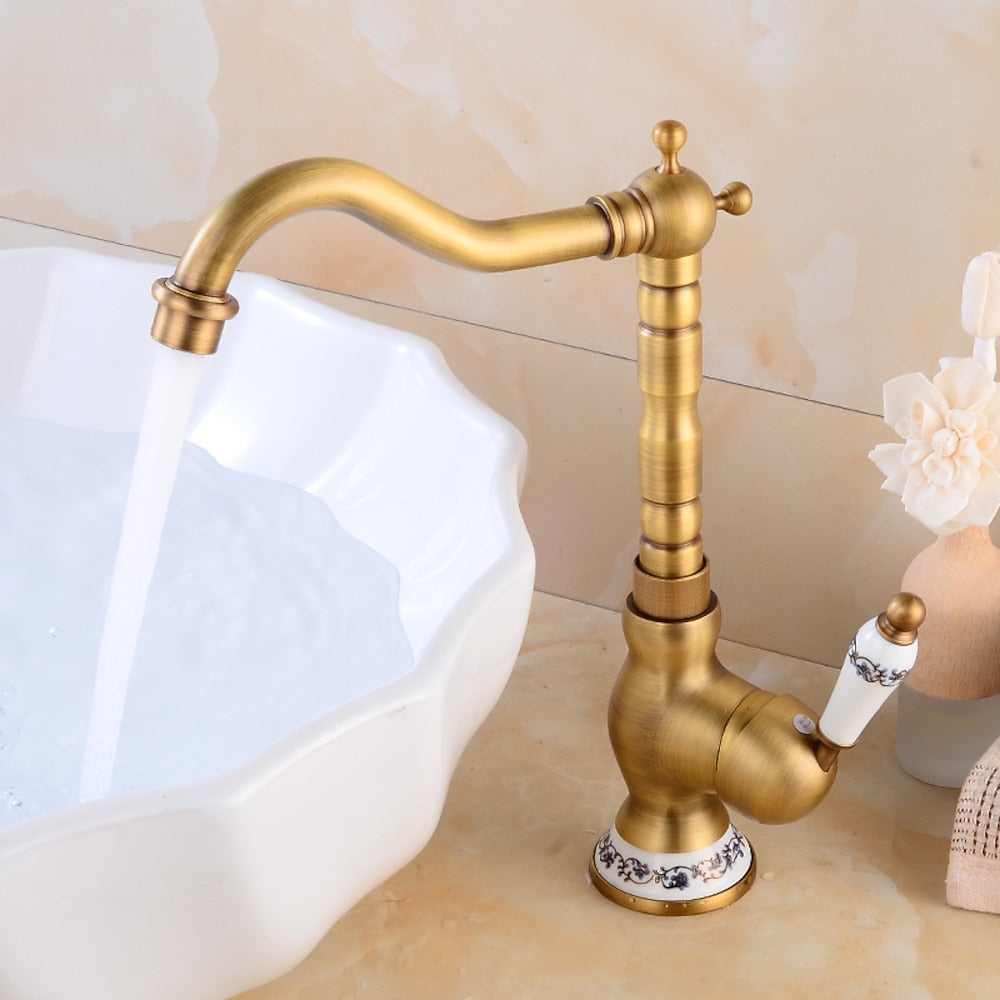 Vintage Ceramic Single-Handle Vessel Faucet, High Arc Swivel Bathroom Faucet, Antique Brass / Chrome / Polished Gold