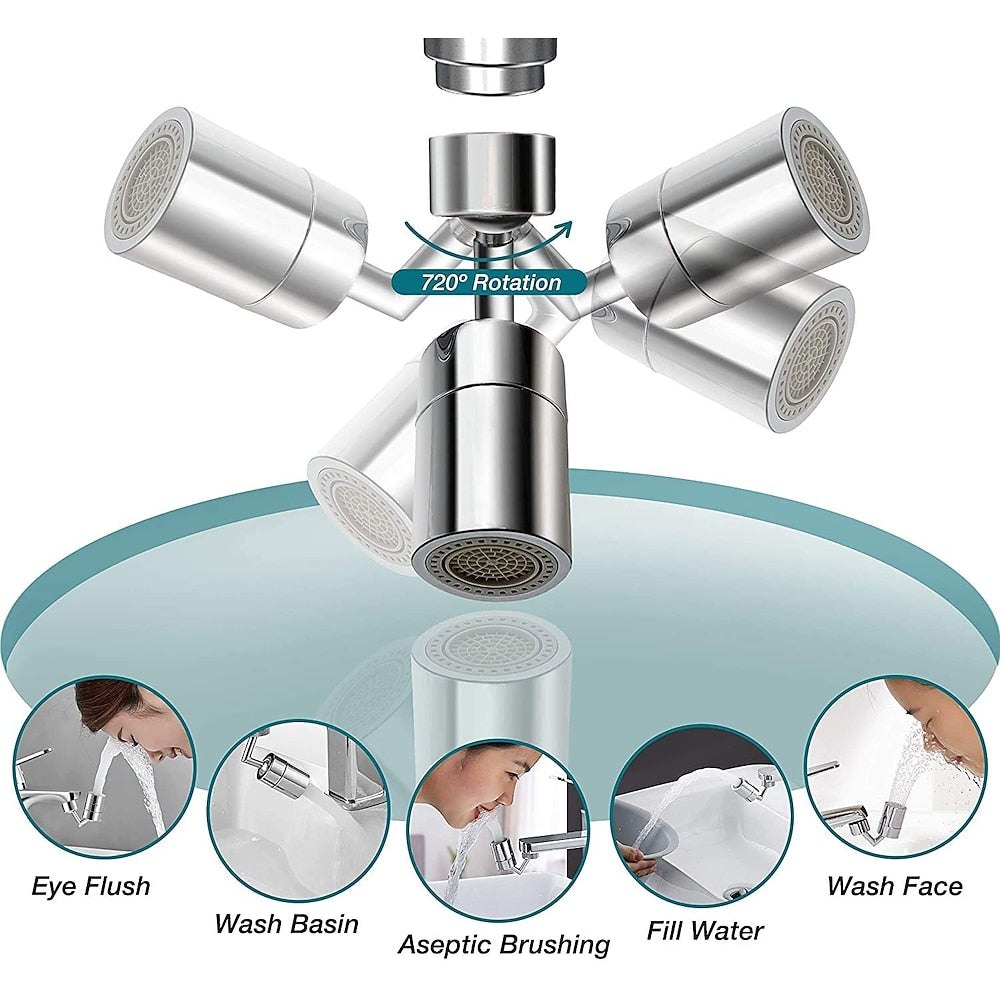 Chrome 720-Degree Swivel Faucet Aerator, Dual-Mode Splash Filter Faucet Extender