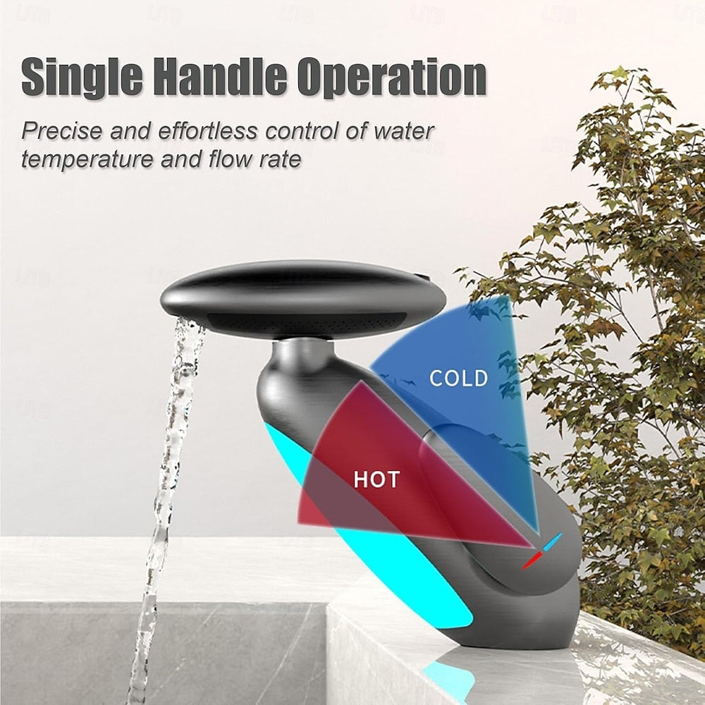 LED Pull-Out Bathroom Faucet, Single-Hole Single-Handle Faucet, Matte Black / Brushed Gold / Gunmetal