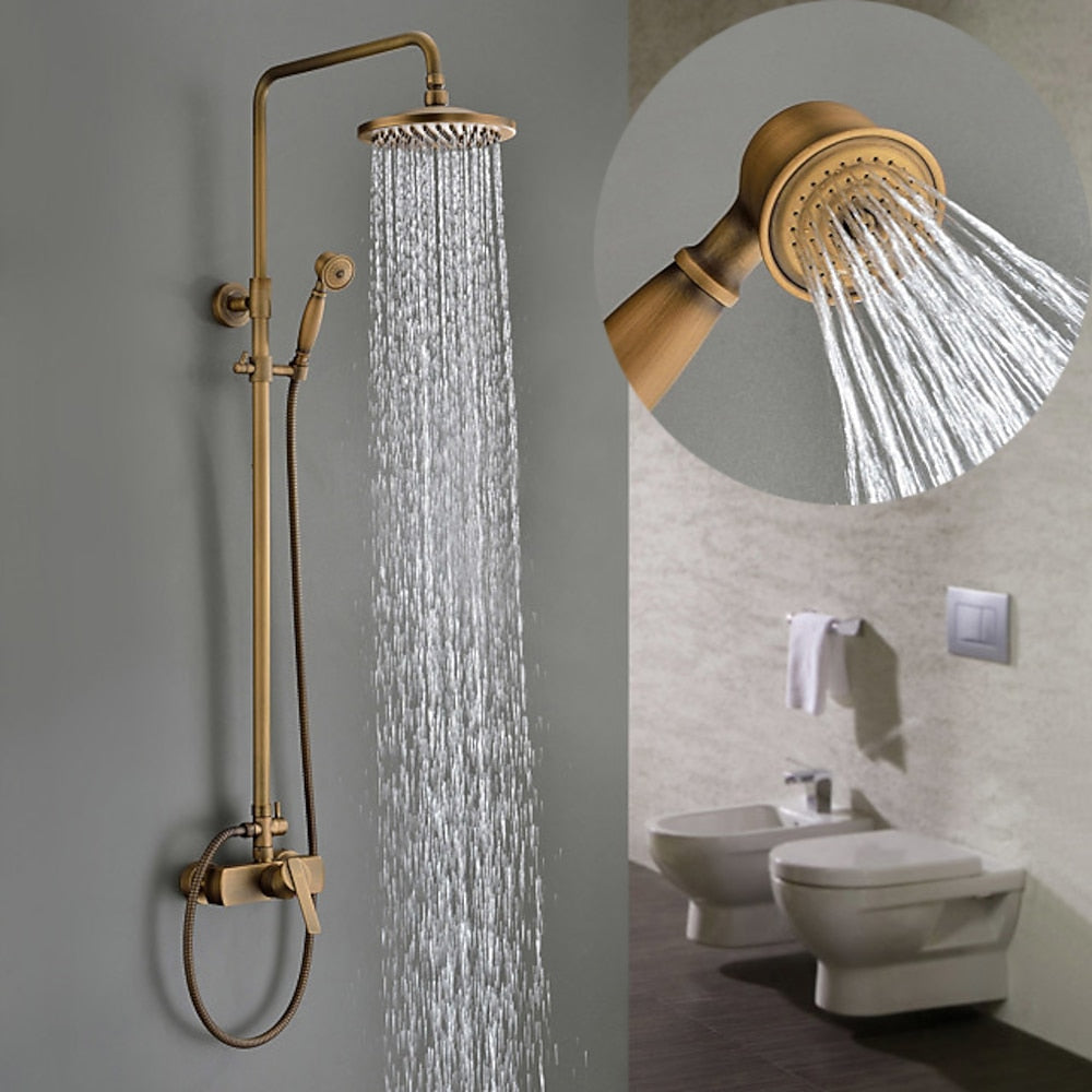 Traditional Antique Brass Wall-Mount Shower System, Single-Handle Exposed Pipe Faucet with 8-Inch Rainfall Shower Head, Handheld Sprayer