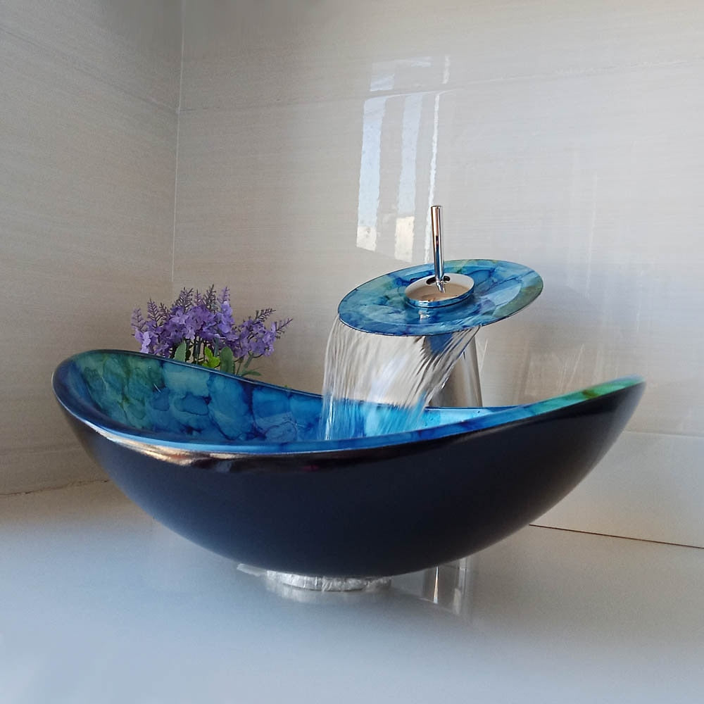 Blue Tempered Glass Vessel Sink Faucet Set, Chrome Waterfall Spout Faucet with Pop-Up Drain / Mounting Ring