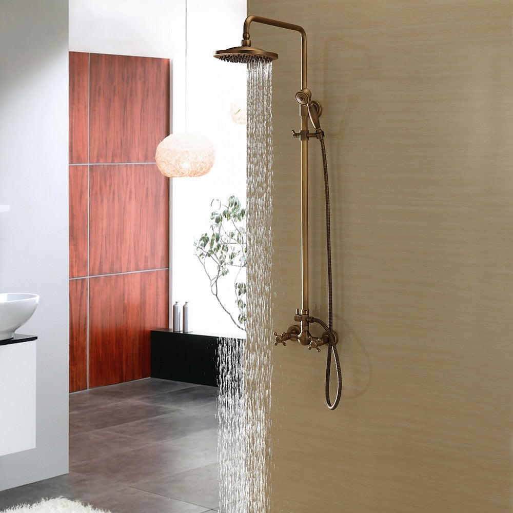 Antique Brass Vintage Exposed Shower Faucet, Wall-Mount Complete Shower System with Handheld Shower / 8-Inch Rain Shower Head