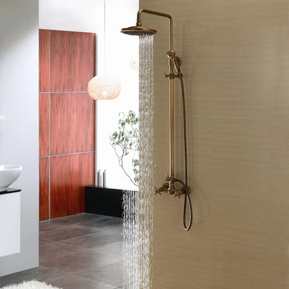 Antique Brass Vintage Exposed Shower Faucet, Wall-Mount Complete Shower System with Handheld Shower / 8-Inch Rain Shower Head