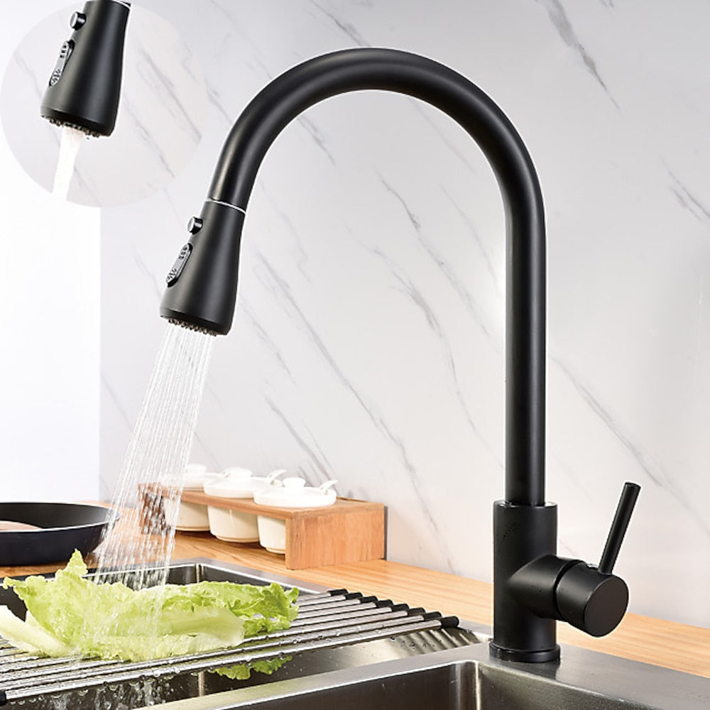 Matte Black Modern Single-Hole Kitchen Faucet, Single-Handle Pull-Down Sprayer Faucet