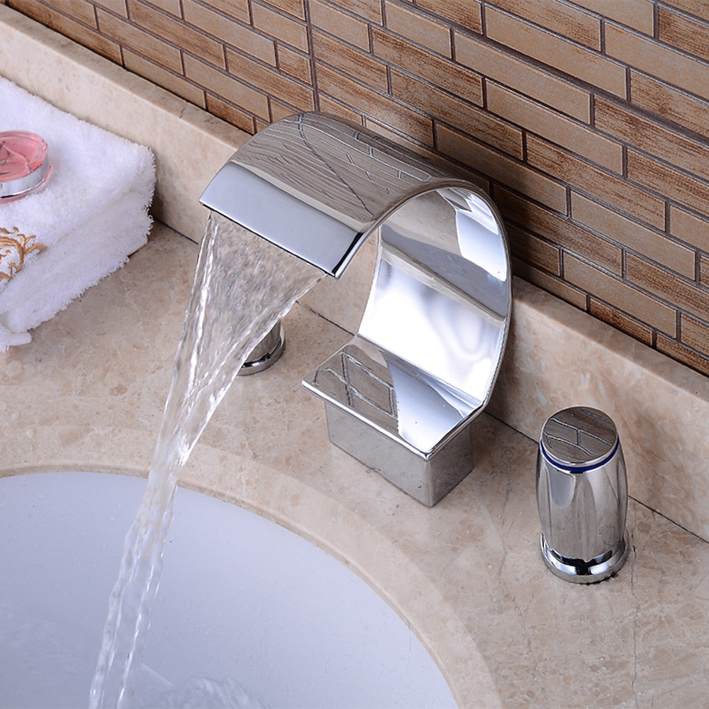 Waterfall Modern Bathroom Faucet, 3-Hole Widespread Dual-Handle Brass Faucet, Chrome / Matte Black / Brushed Nickel / Polished Gold