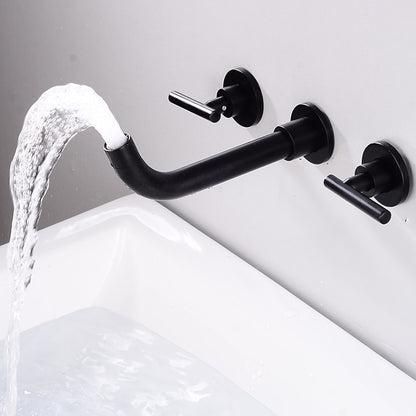 Modern Minimalist Wall-Mount Dual-Handle Bathroom Faucet, Long Spout Brass Sink Faucet, Matte Black / Chrome