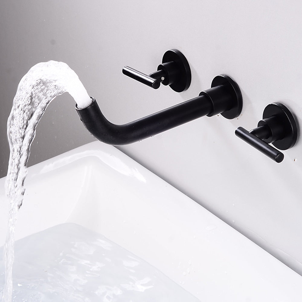 Wall-Mount Bathroom Sink Faucet, Double-Handle Brass Basin Faucet with Rough-in Valve, Matte Black / Chrome