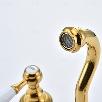 Vintage Wall-Mount Bathroom Faucet, 3-Hole Widespread Dual-Handle Faucet, Polished Gold / Chrome