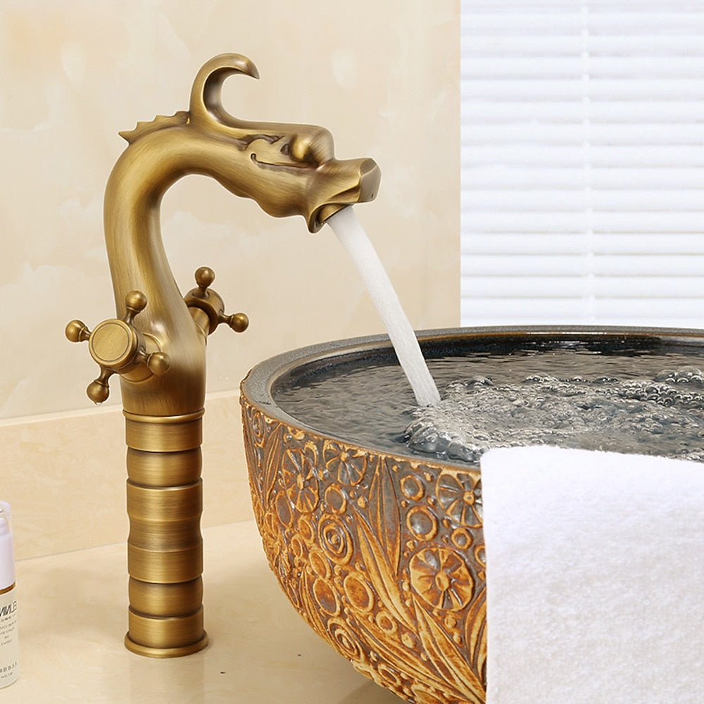 Vintage Dragon Vessel Sink Faucet, Single-Hole Double Cross Handle Brass Faucet