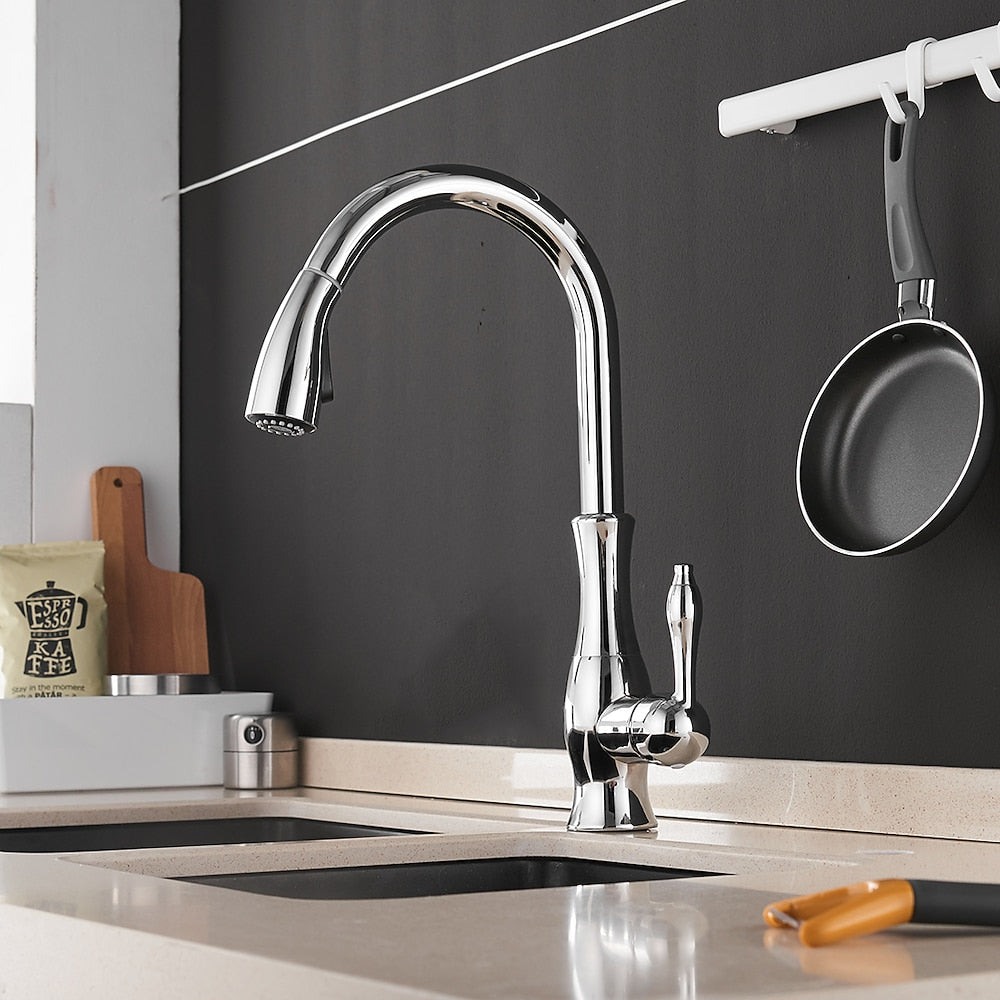 Pull-Down High Arc Kitchen Faucet, Single-Handle Brass Faucet, Brushed Nickel / Polished Gold / Chrome