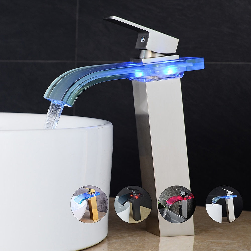 LED Glass Waterfall Bathroom Faucet, Single-Handle Single-Hole Faucet, Brushed Nickel / Brushed Gold / Matte Black / Chrome