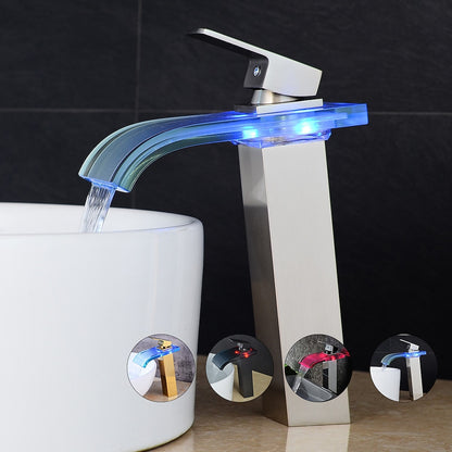 LED Glass Waterfall Bathroom Faucet, Single-Handle Single-Hole Faucet, Brushed Nickel / Brushed Gold / Matte Black / Chrome