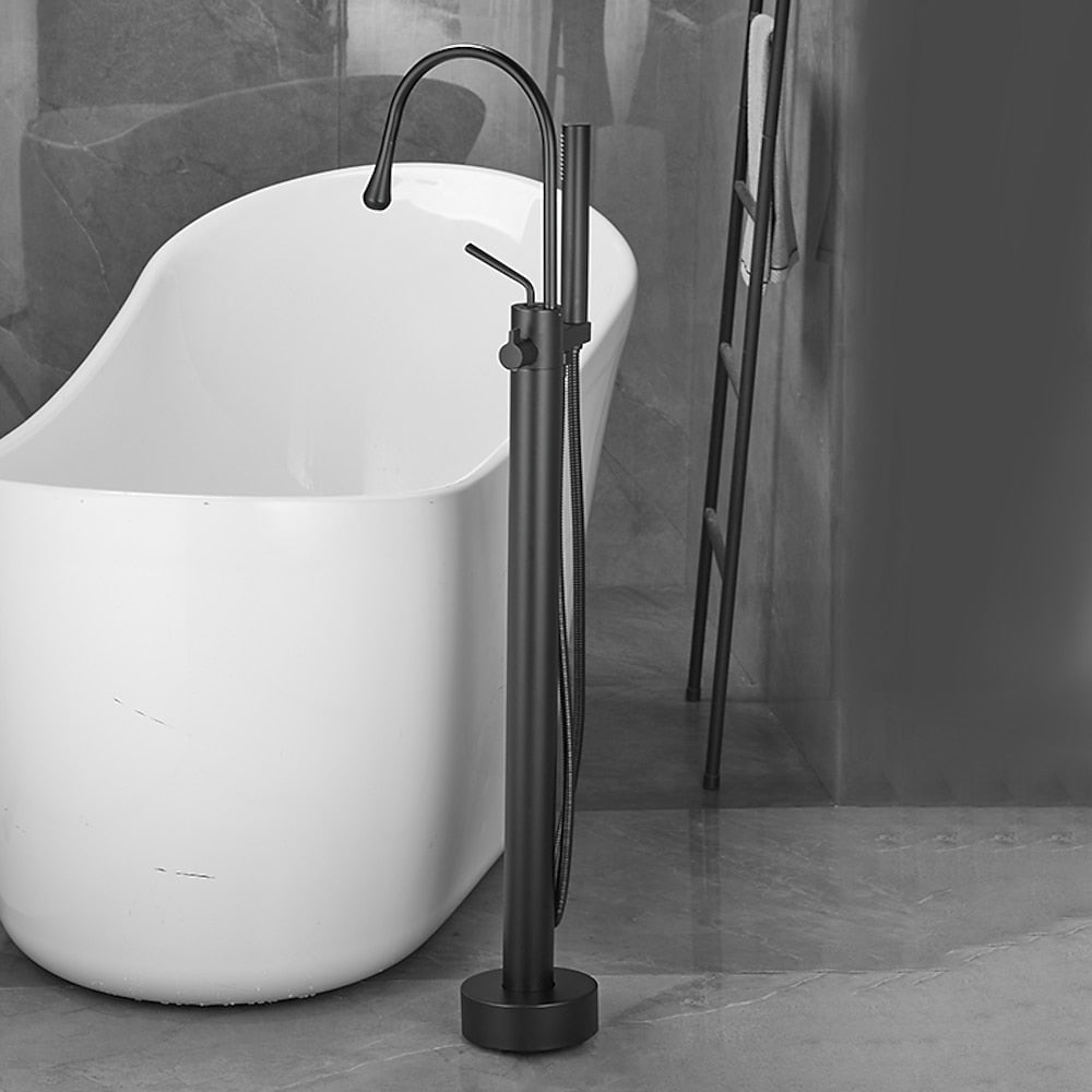 Modern High Arc Freestanding Tub Filler Faucet, Single-Handle Brass Bath Faucet with Handheld Shower, Chrome / Matte Black