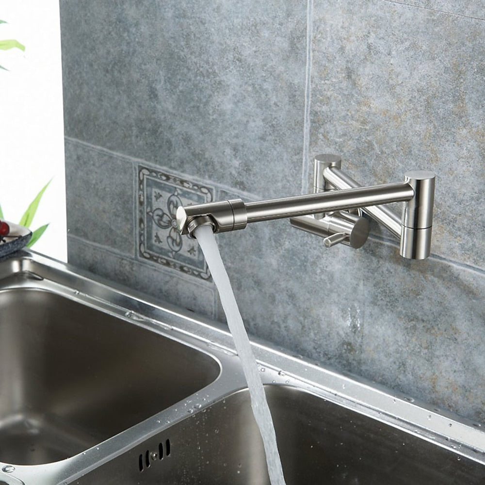 Brushed Nickel Double-Jointed Wall-Mount Pot Filler Faucet, Modern Single-Handle Brass Faucet
