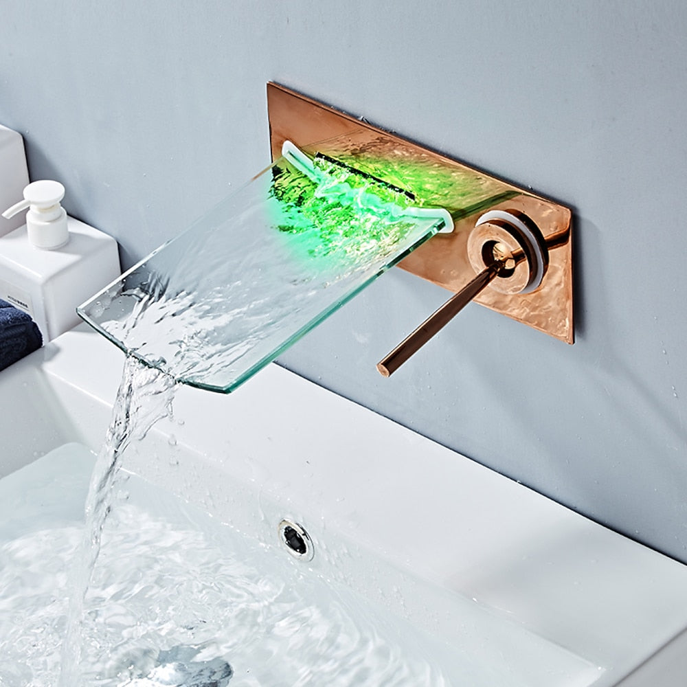 LED Waterfall Wall-Mount Faucet, Single-Handle Bathroom Basin Tap, Chrome / Brushed Nickel / Oil-Rubbed Bronze / Brushed Gold / Rose Gold