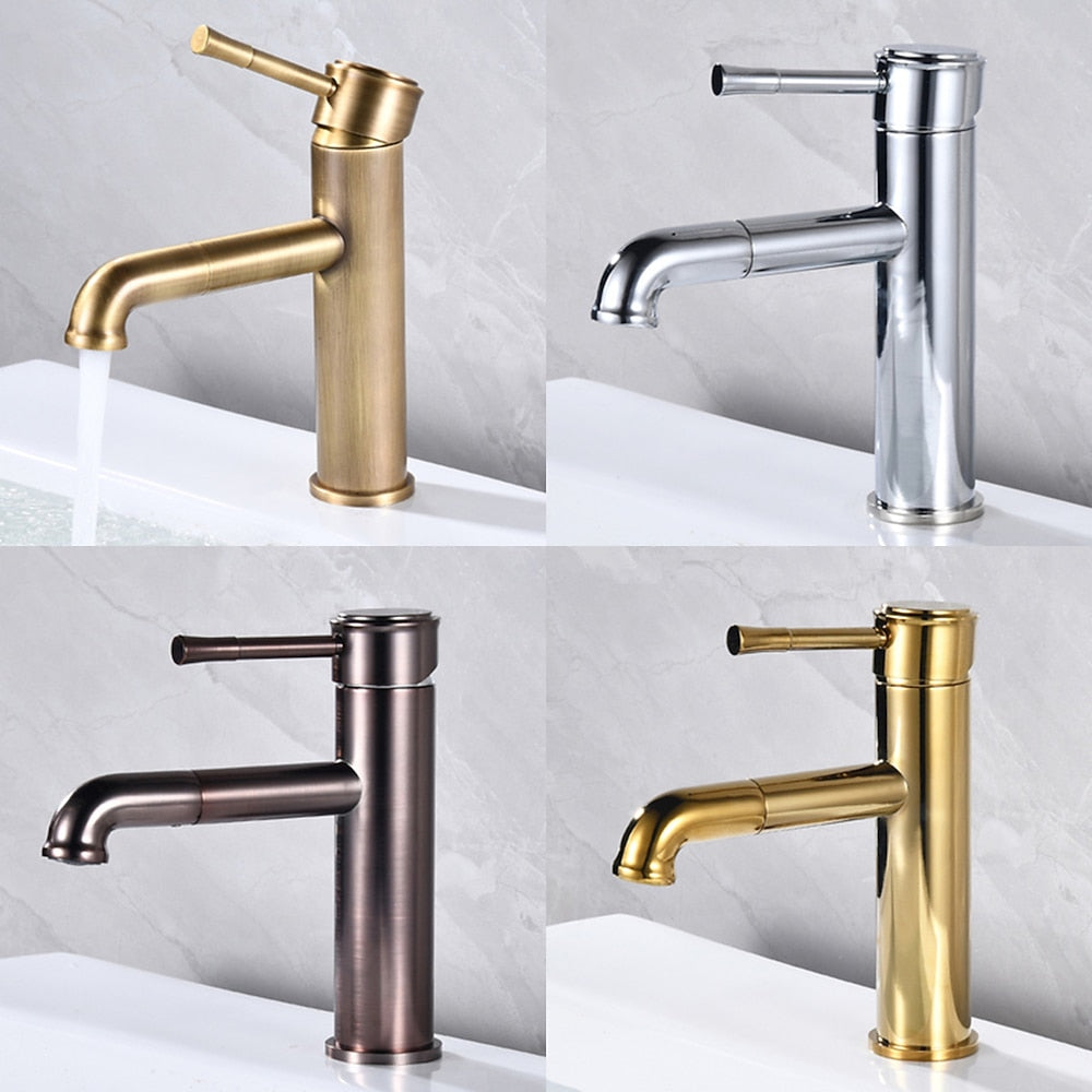 Pull-Out Vintage Brass Bathroom Sink Faucet, Single-Hole Swivel Spout Faucet, Antique Brass / Chrome / Oil-Rubbed Bronze / Brushed Gold