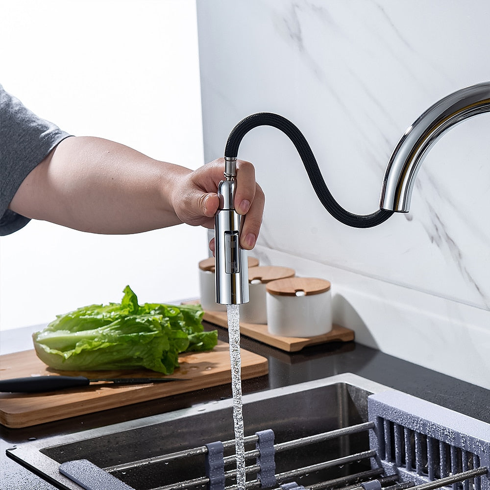 Modern Pull-Down Kitchen Faucet, Single-Handle Swivel Spout Faucet, Matte Black / Brushed Gold / Brushed Nickel / Chrome / Gunmetal
