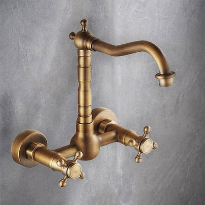 Wall-Mount Antique Brass Kitchen Faucet, Traditional Dual-Handle Swivel Spout Faucet with Inlet Hoses