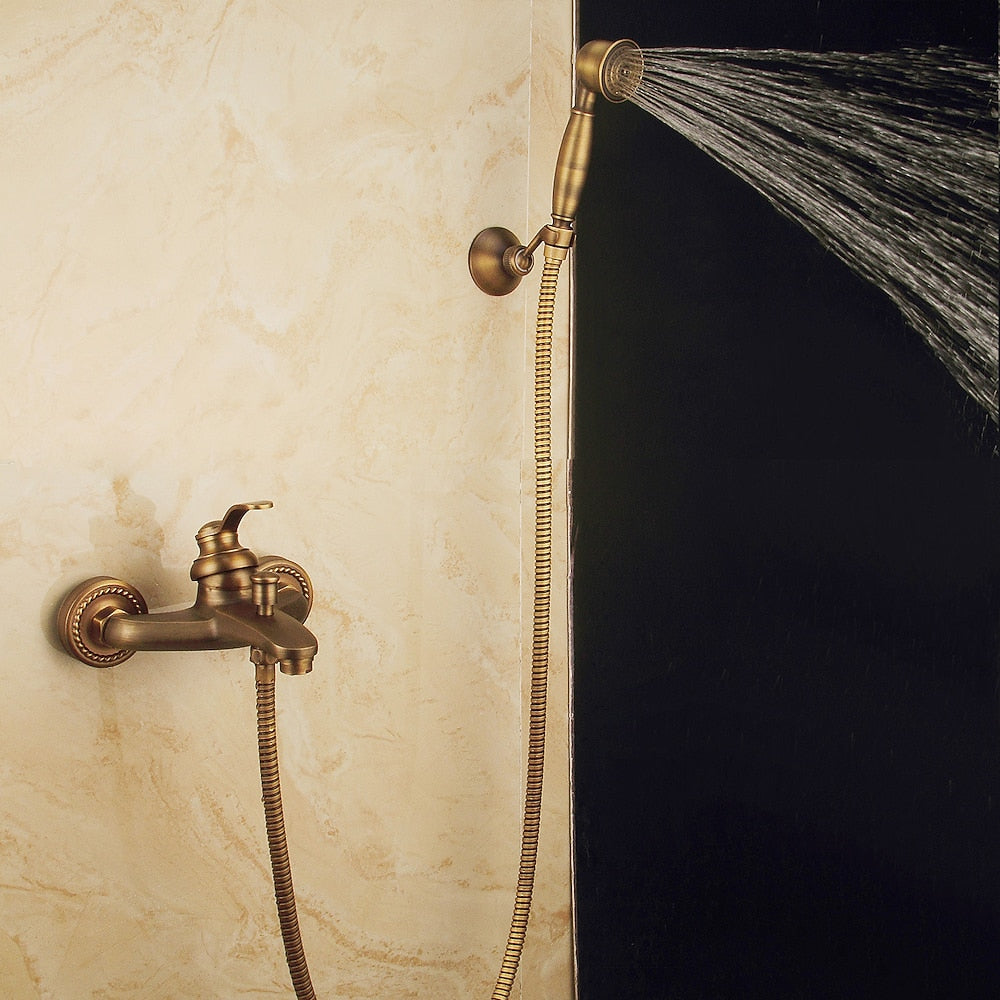 Antique Brass Traditional Wall-Mount Tub Faucet, Single-Handle Tub Filler with Handheld Shower